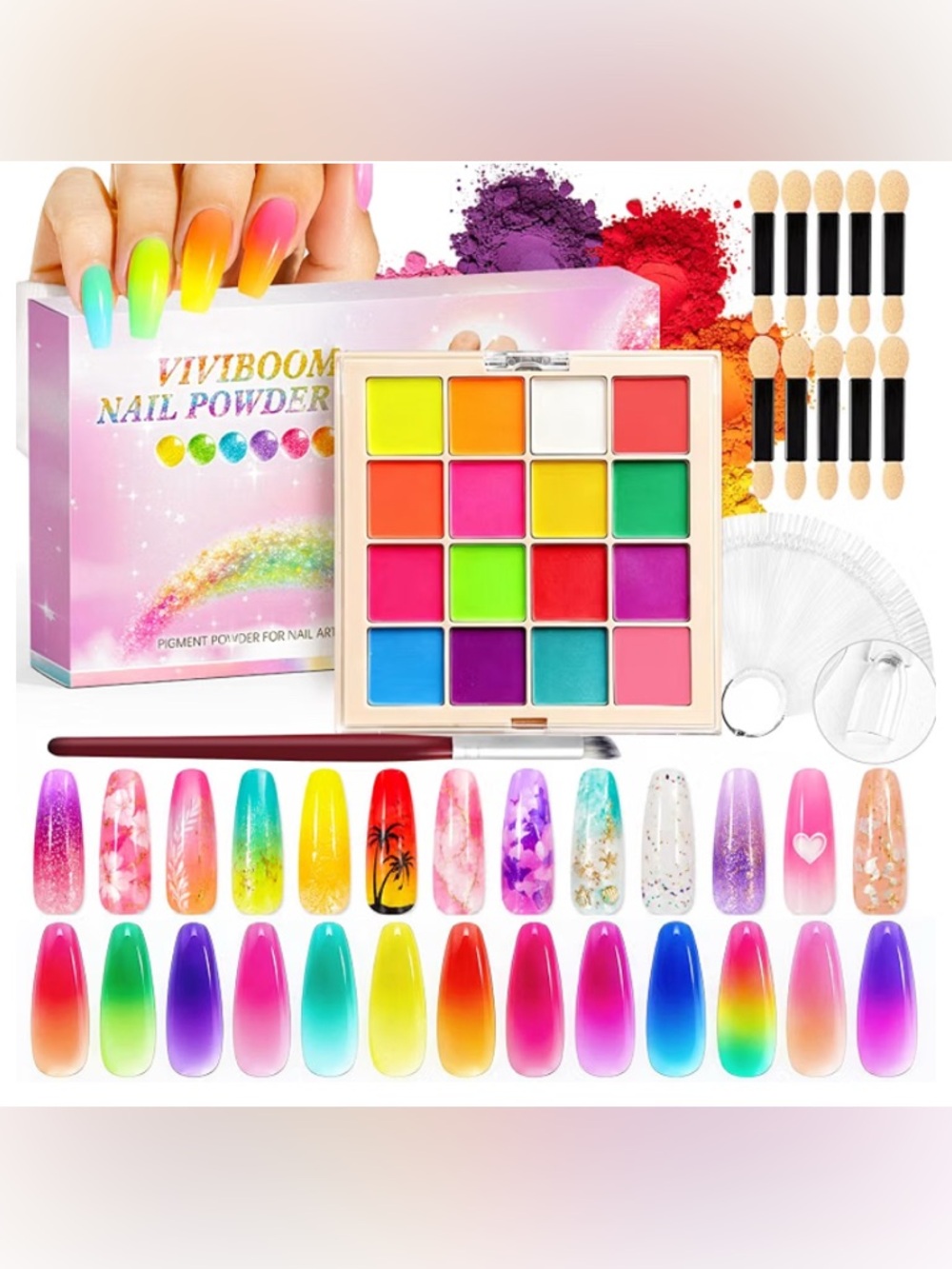 🆕 16-Color Nail Pigment Powder Kit w/ Swatch Sticks, Brush & Ombre Applicators🩷🧡